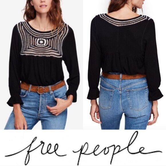 Free People Soul Mate Crochet Black Combo Waffle Knit Long Sleeve Top - Picture 12 of 12